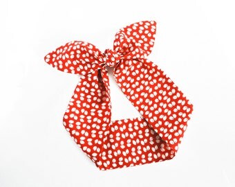 Polka Dot Wire Headband. Vintage Pinup Headscarf. Rosie The Riveter Headband. Red, White Dolly Bow Headwrap. Cherry Red Twist Scarf.