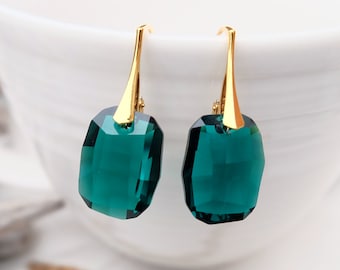 Emerald Green Swarovski Earrings-Graphic Swarovski Crystal Jewellery-Earrings-Modern Rectangular Dangle Drop Earrings-24k Gold Plated