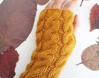 Mustard cable knit gloves - Knit fingerless gloves Fingerless gloves Mustard yellow gloves Christmas gift ideas Gift under 30 Arm warmer
