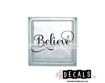 Believe (fancy) - Christmas Vinyl Lettering for Glass Blocks - Holiday Craft Decals - Rectangle Block