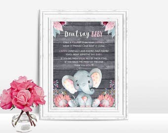Don't say Baby Game, Elephant Baby shower Sign, Don't say baby Sign Printable, Elephant Baby shower game, Girl baby shower game sign
