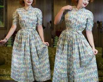 1940s Novelty Dress | 40s Cotton Dress | 40s Dress | 1940s Dress | Full Skirt | Flower Pots | Novelty Print | 1940s Day Dress | 26" Waist