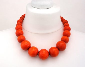 Orange Wooden Bead Necklace | Chunky Orange Necklace | Orange Beaded Necklace