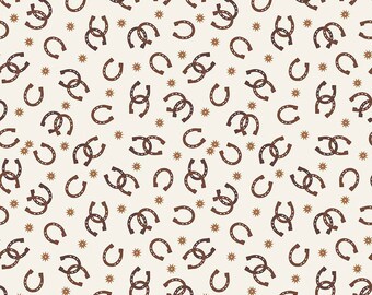 Riley Blake Cowboy Fabric, C5634 Cowboy Horseshoes Cream, Samantha Walker, Cream & Brown Horseshoes, Western Cotton Quilt Fabric Yardage
