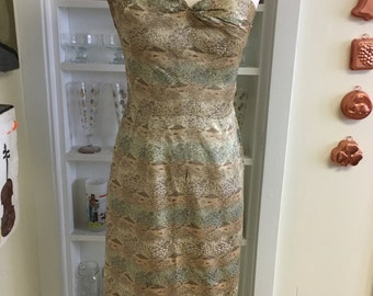 Vintage 1950s 50s Asian print one shoulder bombshell wiggle dress
