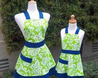 Mother Daughter Apron Set Handmade Retro Style Apron Blue and Green Floral Print