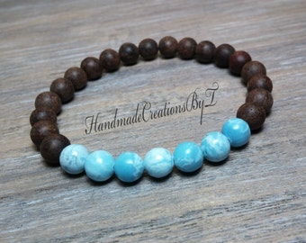 Larimar & Sandalwood Bracelet, Blue, Aqua Gemstone, Wrist Mala, Mens, Womens Chakra Bracelet, Stacking, Fragrant