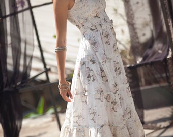 Cream Maxi Dress ,Hippie Urban Evening & Day Summer Dress, Boho Unique Long Carrie Dress, Romantic Flower Cotton Maxi Dress, size S - XL