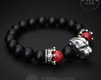 Lion bracelet, Mens Bracelet, Womens Jewelry, Gemstone Bracelet, 925 Silver Lion, Stretch bracelet for men