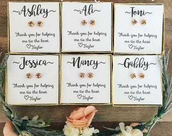 BACK in Stock! Bridesmaid tie the knot earrings! FREE gift wrapping! 9k Gold plated Knot Earrings! Be my Bridesmaid gift!