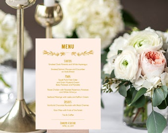 Menu template, shown in blush pink and gold, printable template, printable wedding menu card, 'Ellen' | DIY Editable printable template