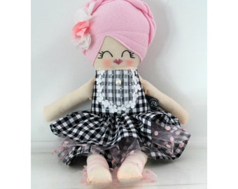 Handmade cloth dols fabric doll, PEYTON, cloth plush doll, rag doll, heirloom doll, gingham print dress, plaid black and white dress
