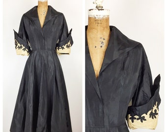 SALE Vintage 1950s Dress / 50s Black Taffeta Dress with Dramatic Sleeves / Medium