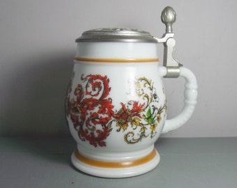 Vintage Milk Glass Beer Stein with Lid/BMF Beer Stein/BMF Beer Mug/Milk Glass Mug/Milk Glass Tankard/West German Beer Stein/Pewter Lid