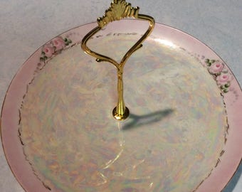 Cupcake plate, dessert stand, pink roses, Czechoslovakia, wedding decor, bridal shower, baby shower, candy dish, jewelry stand, ring dish,
