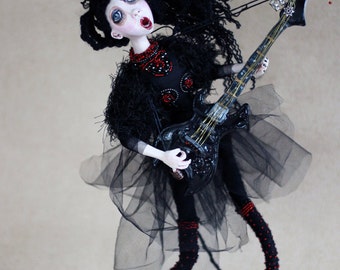 Gothic Art Doll Lady With Guitar/ OOAK Art Doll/ Horror Doll/ OOAK Handmade Doll/ Unique Art Doll/ Halloween Gift Black Doll/ Art Figurine
