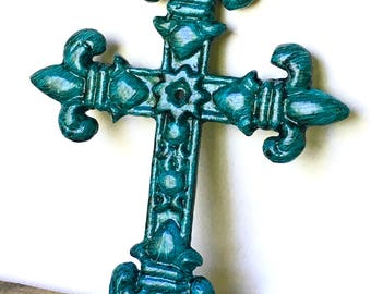 Turquoise Fleur de Lis Cross - Godmother Gift - Unique Wall Crosses - Christening Gift - Gallery Wall Decor - Cast Iron Cross - Baptism Gift