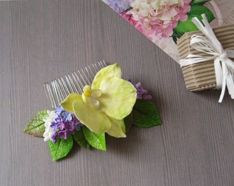 Beach wedding hair accessories Tropical flower comb Floral hair comb Tropical hair flower Yellow orchid hair clip Orchid hair comb wedding