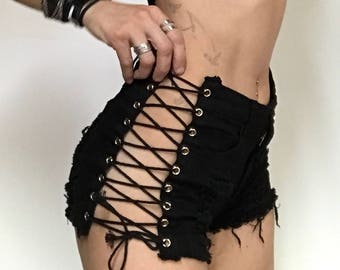 High Waisted Shorts, Festival Clothing, Rave Outfit, Booty Shorts, Rave Shorts, Shorts, Lace Up Shorts, High Wasted Rave Shorts, Festival