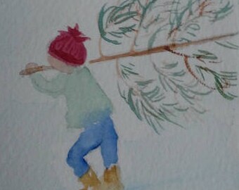 Bringing Home the Christmas Tree Small Original Watercolor Wall Art Home Decor
