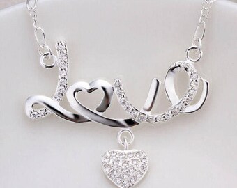 Silver Love Necklace with Rhinestone Heart