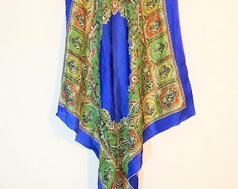 Vintage Silk Boho Handkerchief Floral Hipster Scarf Wrap Shawl Wrap- Royal Blue Multi Color Retro Square Bandana Scarf COACHELLA Festival