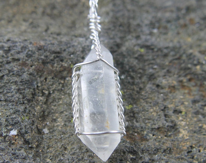 Double Terminated Quartz Crystal Pendant | Sterling Silver Wire Wrap Herkimer Diamond | DT Quartz Crystal Necklace | Mens or Ladies Jewelry