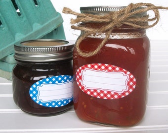 Classic Gingham oval canning jar labels, quilted jam jar labels, red blue orange checkered oval mason jar labels, jam jelly jar labels