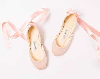 The Blush Nude Wedding Ballet Flats with Satin Ribbons | Lace Up Bridal Shoes in Nude