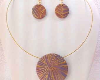 Grey and Peach Sunburst Necklace and Earring Set
