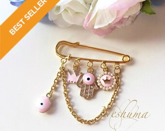 Baby Evil Eye Pin, Stroller Pin, Newborn Baby Pin, Baby Girl Gift, Baby Shower Gift, Hamsa Pin, Baby Jewelry, Diaper Bag Pin, Baby Hamsa