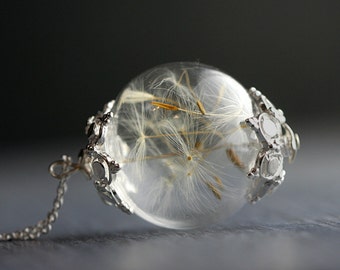 Sterling real dandelion seeds necklace. Romantic elegant necklace, all "metal" parts sterling silver