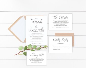 Simple Wedding Invitation Printable Suite, Calligraphy Wedding Invite Set, Classic Wedding Invitation Suite, RSVP, Details, Printed