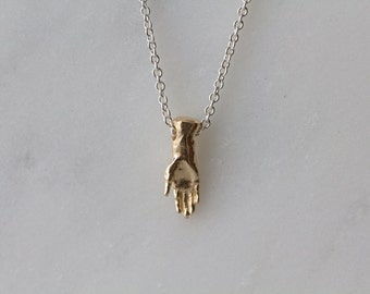 Open Hand Necklace in solid 14k yellow gold / wax carved hand / Hand pendant / Gold Hand charm / Hand amulet / Palmistry Hand
