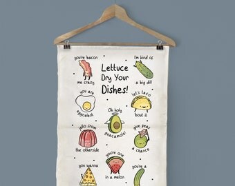 Food Pun Tea Towel - Lettuce Dry Your Dishes, Pun Dish Towel, Funny Tea Towel, Illustrated Tea Towel, Funny Dishcloth, Funny Kitchen, Cute
