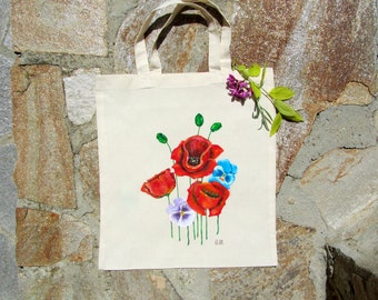 Hand painted art Poppy bag Teacher tote bag Canvas tote Beige Tote bag, Pansy flowers art Beach bag tote, Tote bag canvas Teacher gifts bags