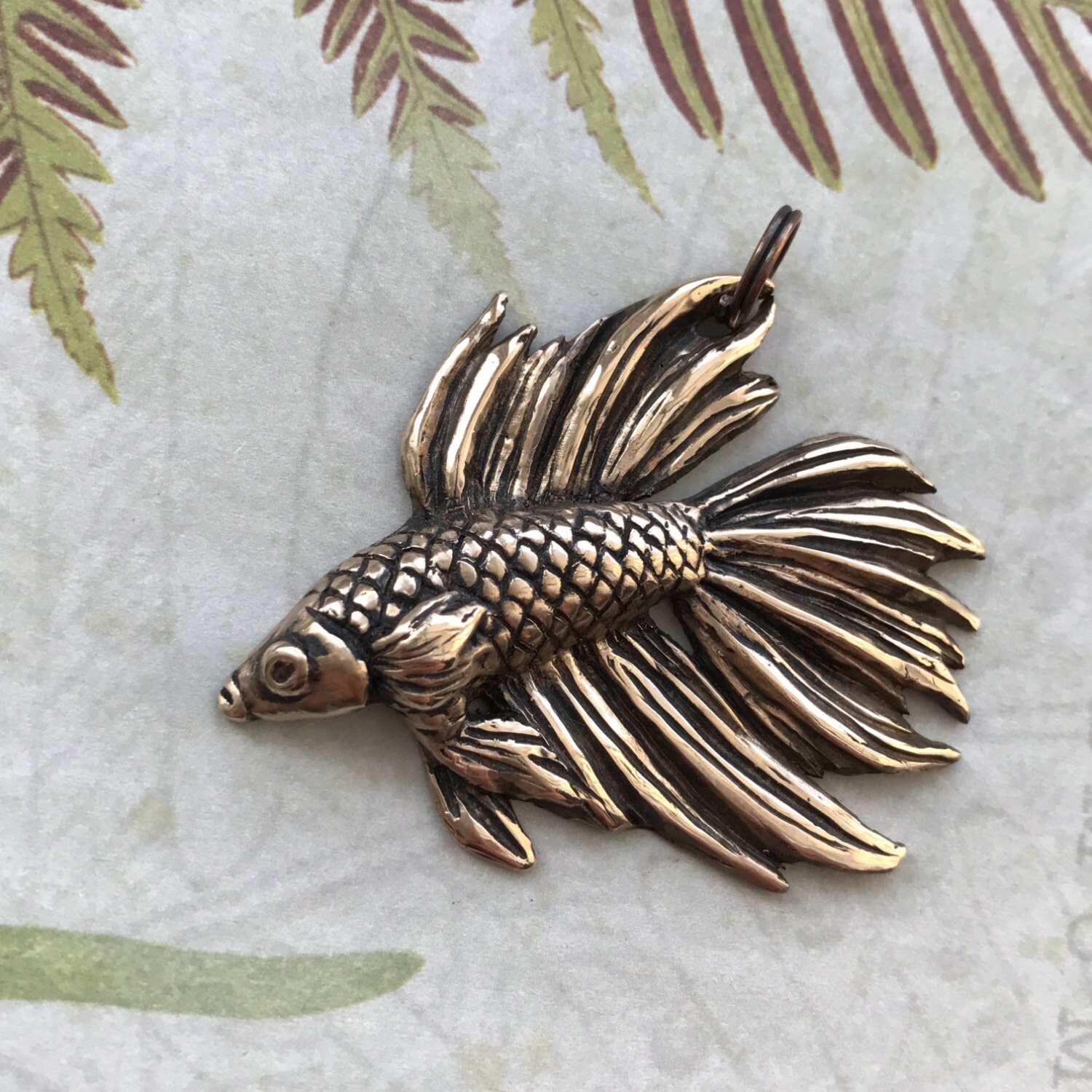 Betta fish bronze pendant Animal jewelry Handmade pet necklace