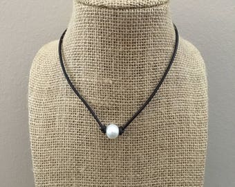 Leather and Pearl Necklace Single Pearl Leather Choker