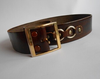Vintage Brown Tooled Leather Belt, 70s Tooled Leather Belt, Women's Leather Belt