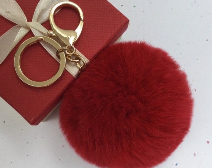 Fur pom pom keychain keyring fur ball bag charm Rex Rabbit Fur deep red