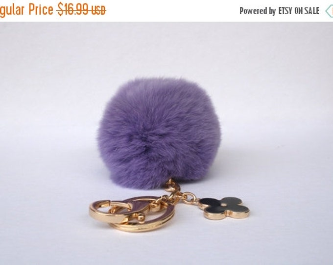 Pom-Perfect Purple REX Rabbit fur pom pom ball with black flower keychain