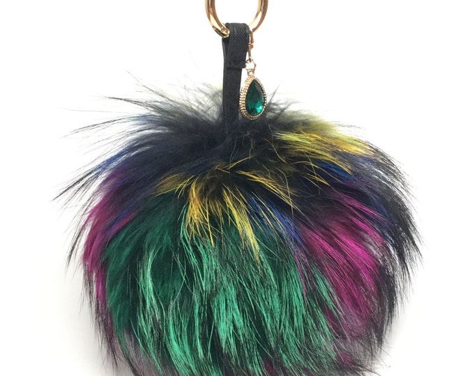 NEW Tropical Swirl™ Multi Color Raccoon Fur Pom Pom bag charm clover flower charm keychain piece piece no.601