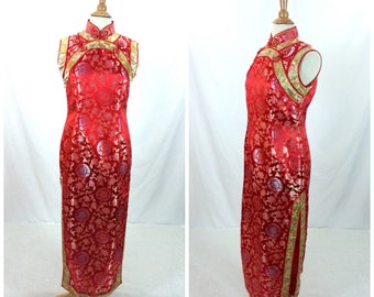 90's Cheongsam Red Maxi Dress Medium / Oriental Asian ethnic 1990's maxi dress long Prom evening cocktail gold dress floral side slits