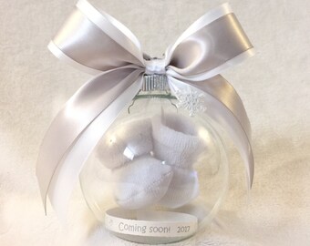 Pregnancy Announcement, Gender Reveal Ball Ornament with Floating Baby Booties