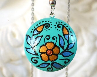 turquoise necklace statement necklace boho necklace turquoise pendant turquoise jewelry floral gift green black green gold long necklace art