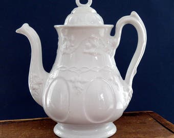 Vintage Ironstone Coffee Pot, English Ironstone c.1840, Adams White Ironstone, "Vintage Shape" Pattern, Farmhouse Decor, Shabby White Pot