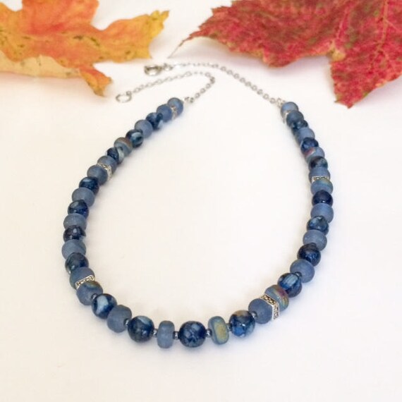 Blue Shell Necklace Blue Necklace Blue Bead Necklace Beaded