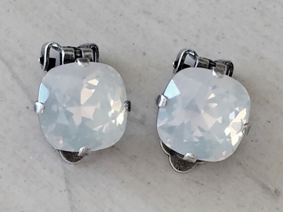 White Opal Crystal Clip On Earrings