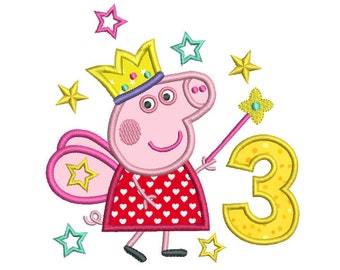 Fairy Pig 3rd Birthday Applique Machine Embroidery Design, Peppa Pig Third Birthday, Number 3 Applique, Instant Download, No: SA510-16