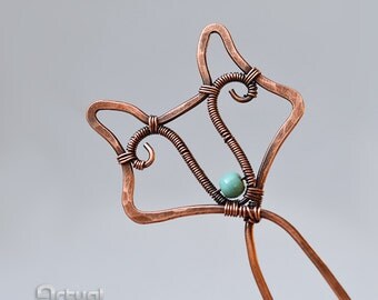 Minimalist fox hair fork, wire hair pin, wire wrapped jewelry, copper jewelry, bun hair stick, birthday gift for women, turquoise hair decor